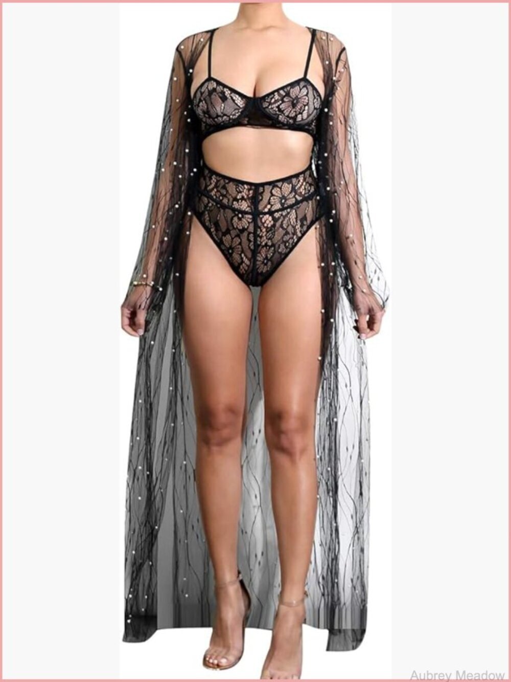 Sheer Lace Long Sleeve Cover Up Kimono Cardigan with Pearls
